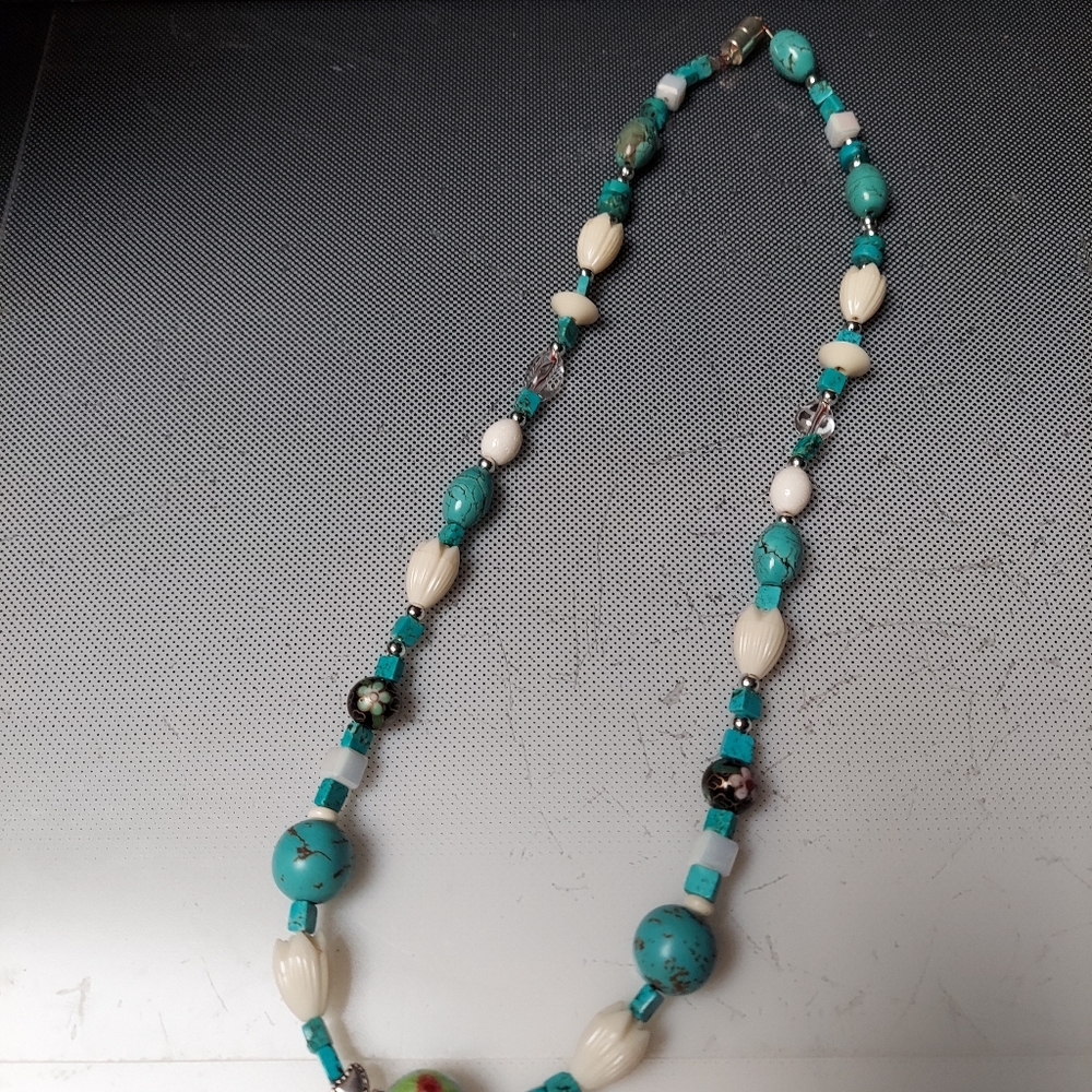 Hawaiian floral showers necklace turq,crystal,cloisonne beads enamel carved bone